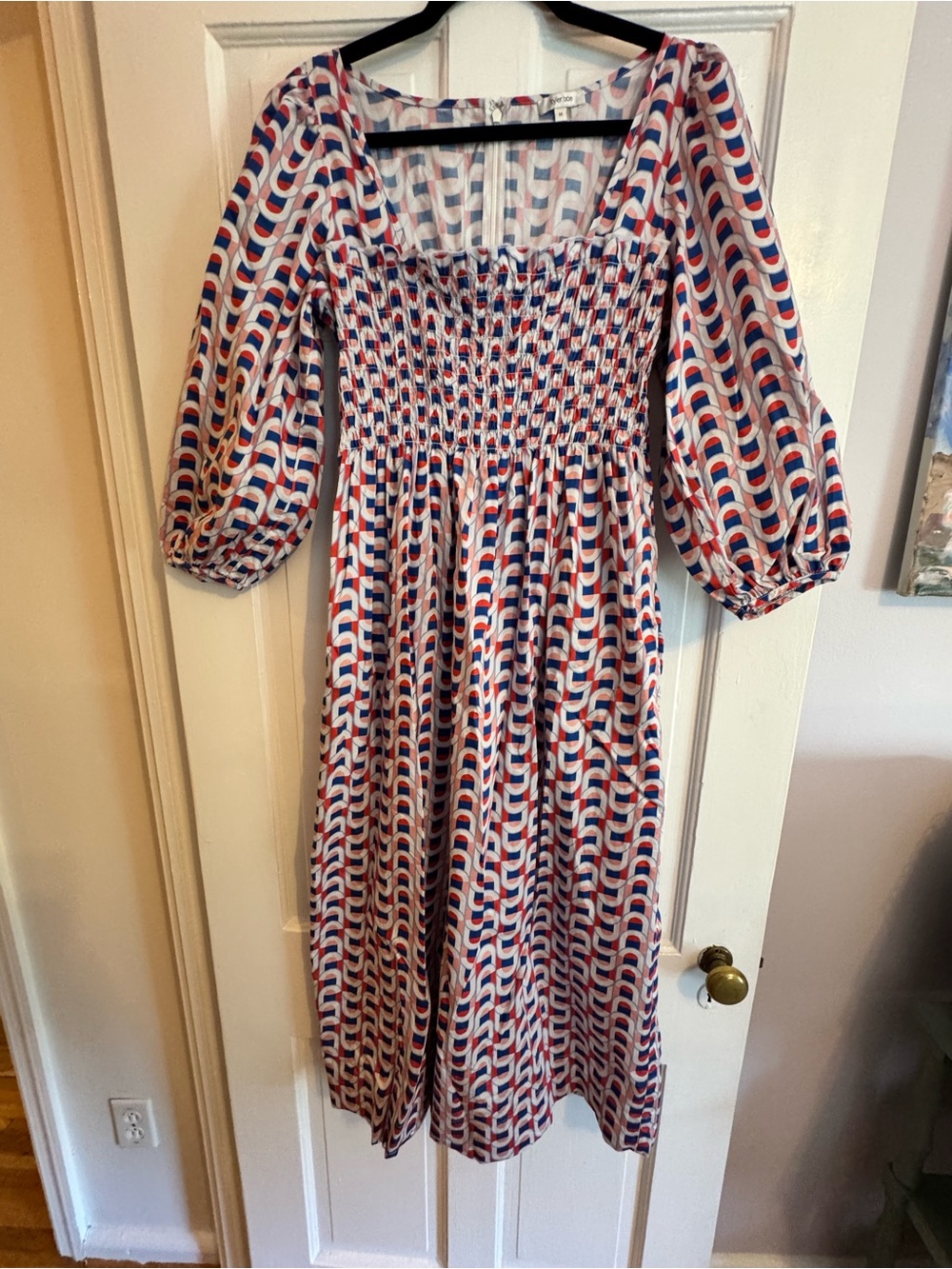 Tyler Boe Smocked Midi Dress Geometric Print Puff Sleeve, Pink, Blue, Red, M